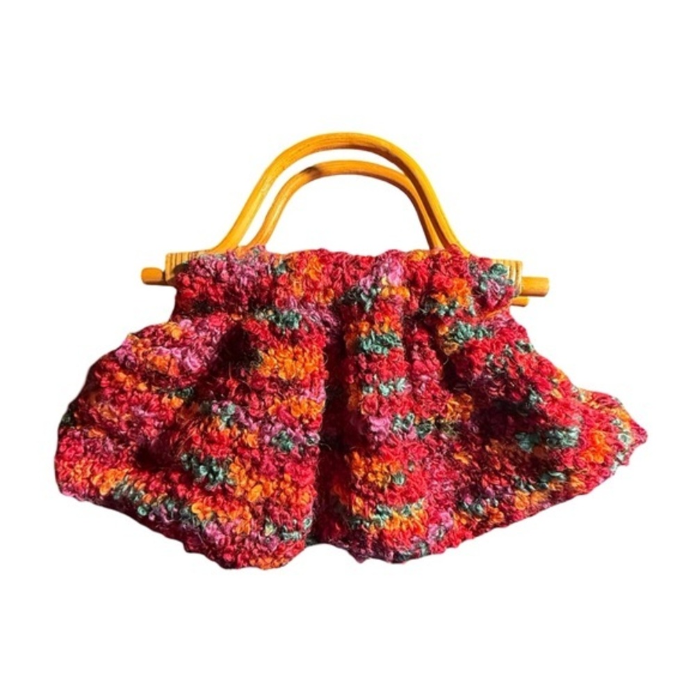 Handmade Crochet Boho Bag Multicolor Chunky Knit w/ Wooden Handles Vintage Style - Picture 2 of 5